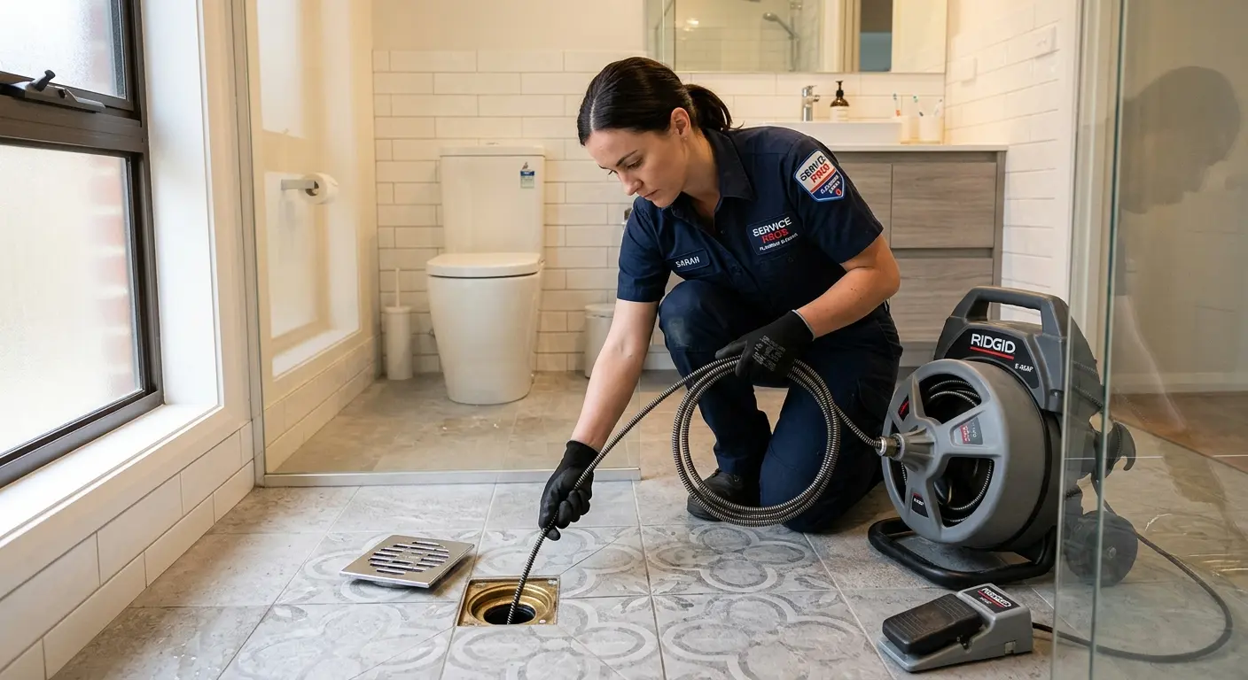 Technician clearing a bathroom floor drain for Drain Cleaning in Middletown